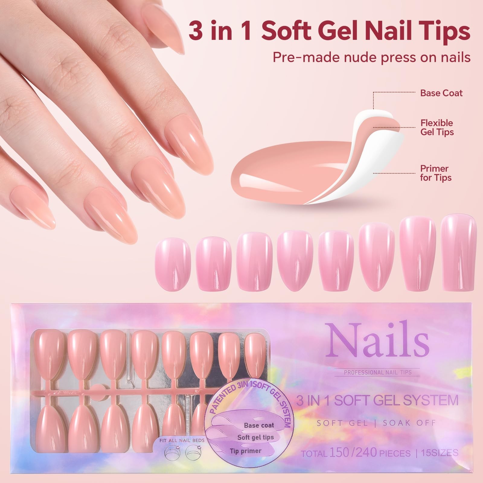 150Pcs Press on Nails French Tip Gel Nails Skin Color Fake Nail Tips Soft Gel…