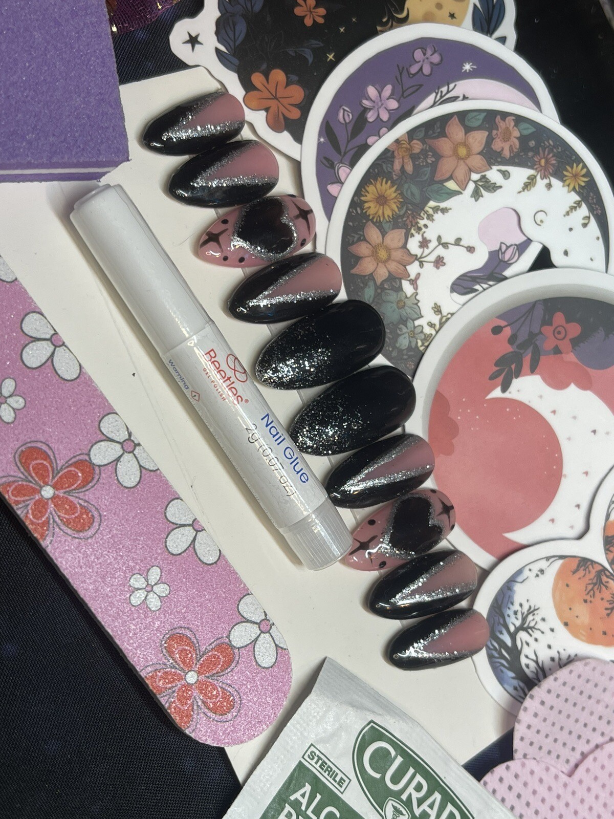 Black And Silver Handpainted Press on Nails includes Prep Kit
