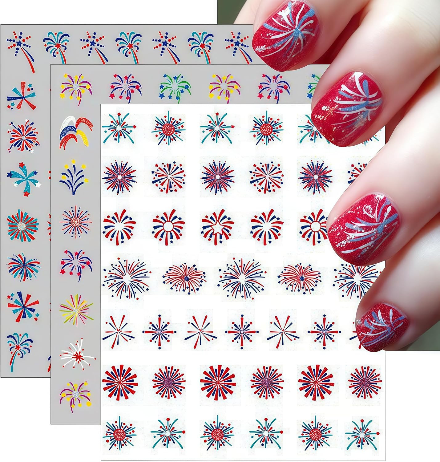 3 Sheets 4Th of July Fireworks Nail Art Stickers 5D Embossed Self Adhesive