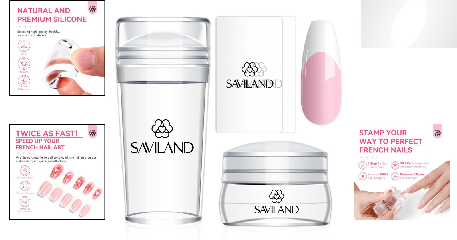 Saviland French Tip Nail Stamp Kit – 4PCS Clear Silicone for DIY Nail Art