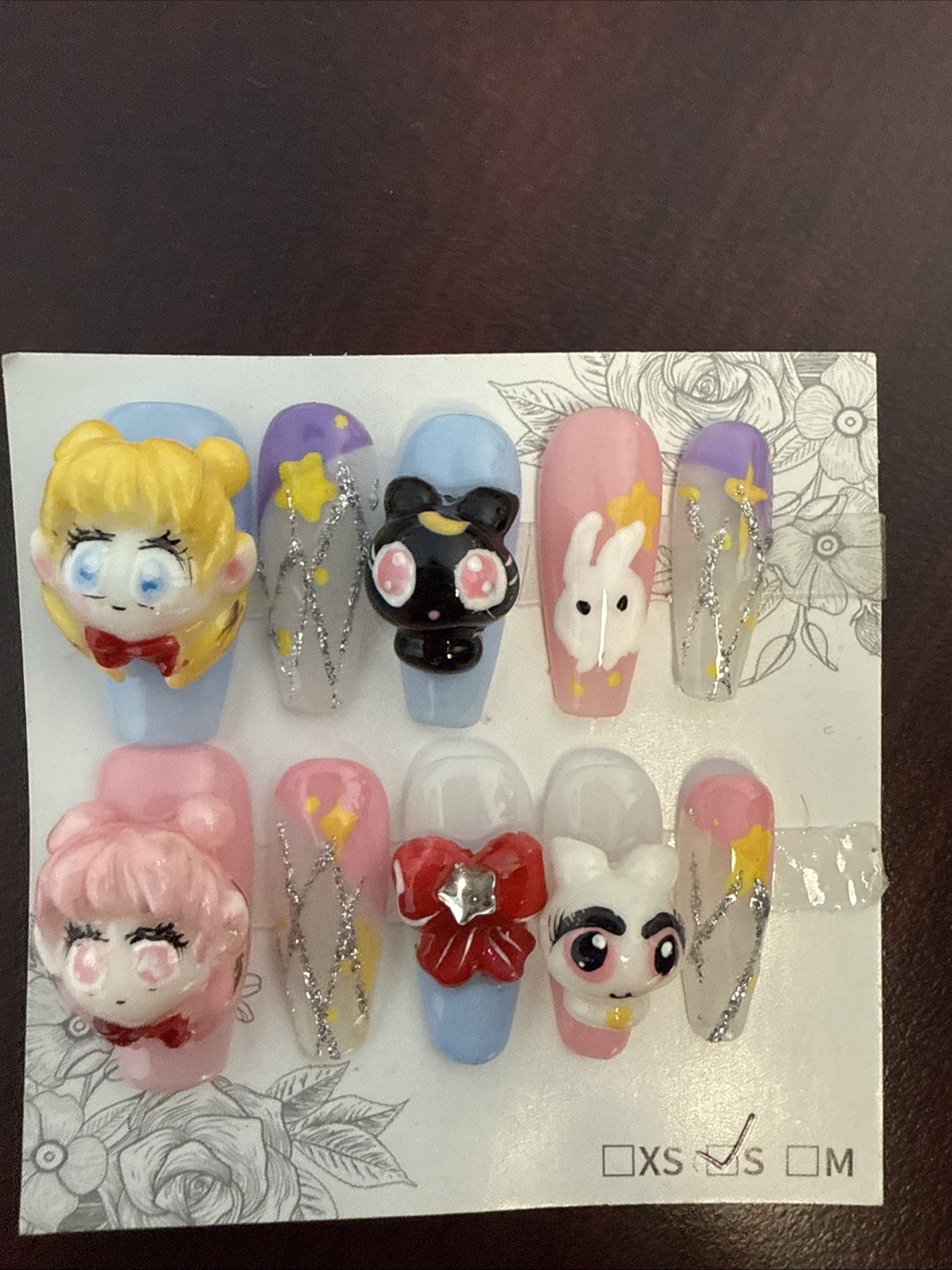 Hand Painted Sculpted 3D SAILOR MOON Press On Nails Coffin Size S