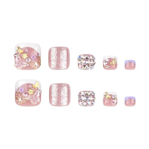 White French Tip Press on Toenails Short Square Fake Toe Nails with Gold style6