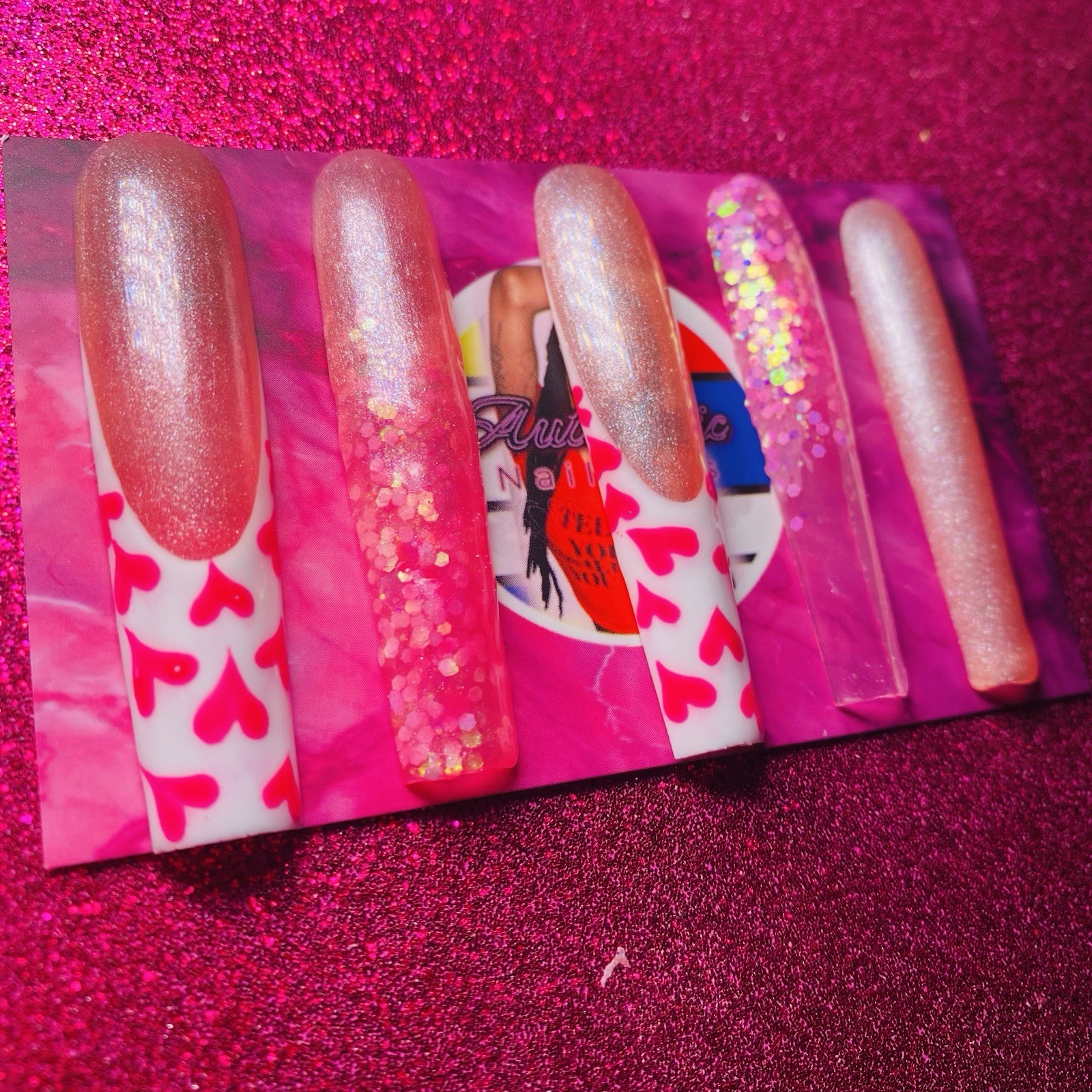 Authentic Nail Arts by Dia Square Press-On Nails Long Pink Hearts Glitter