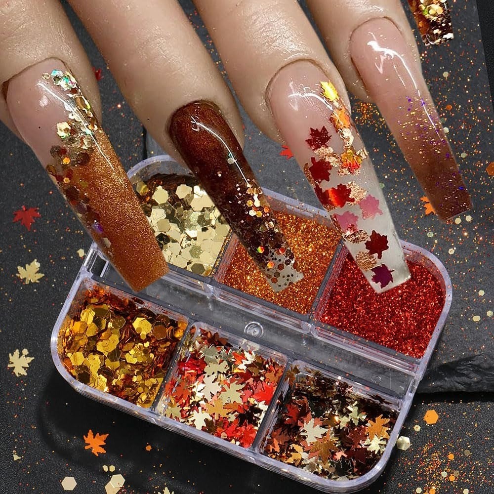 Fall Glitter Nail Art Sequins 6 Box Set Maple Leaf Gold Flakes 3D Decor