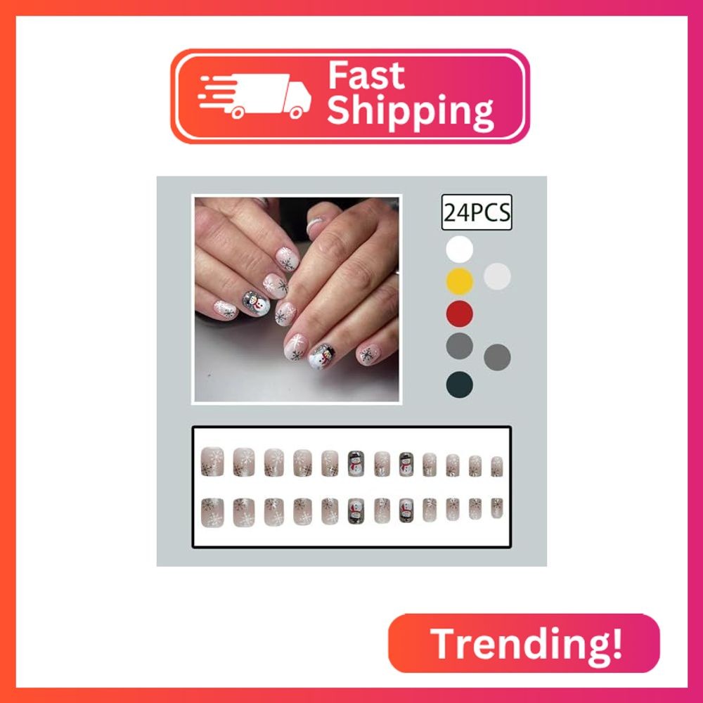 Christmas White Snowflake Press on Nails Short Square False Nails Christmas Blac