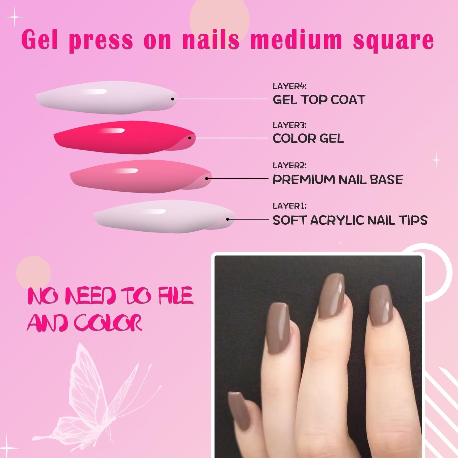 AddFavor 240pcs Brown Press on Nails Medium Square Fake Nails, 10 Size,