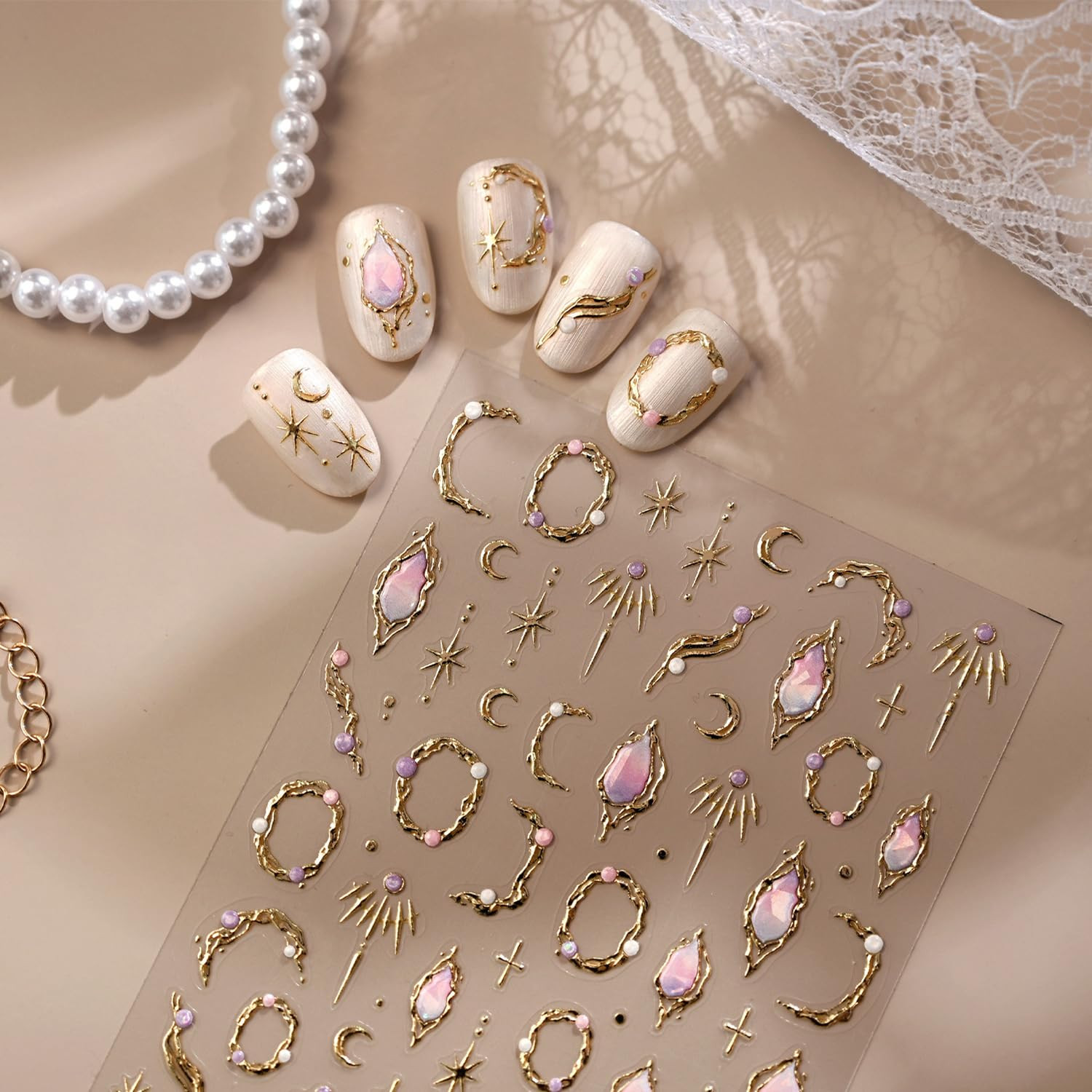 5D Embossed Gold Nail Stickers Star Nail Stickers for Nail Art with Pink Gemston