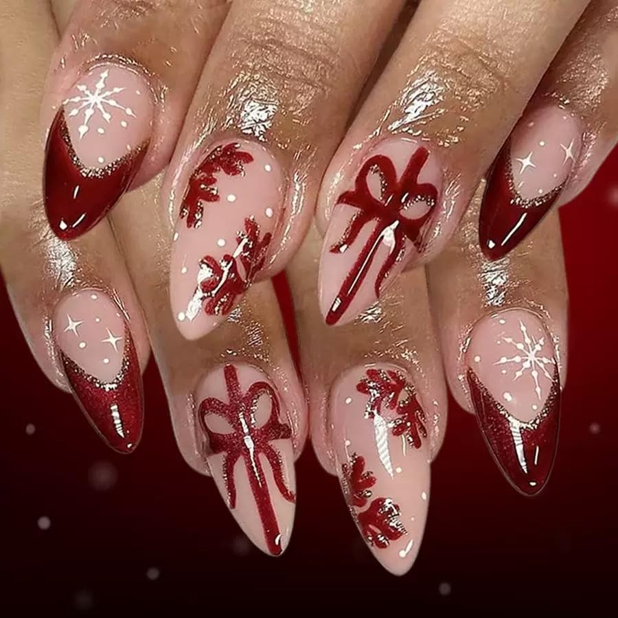 2 Packs 48Pcs Christmas Press on Nails Short Almond Fake Medium, Style 4