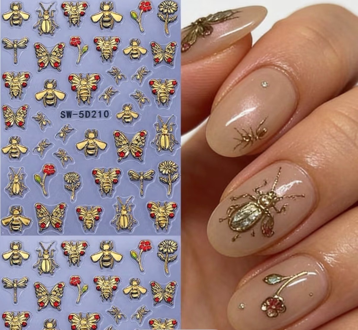 NAIL ART STICKERS GORGEOUS EMBOSSED GOLD AND RED CREATURES 5D EFFECT SW-5D210