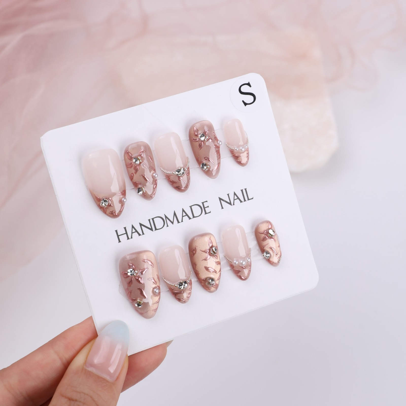 Press On Nails Medium Almond Nude Pink Floral Pearl Rhinestone Wedding Nail Set