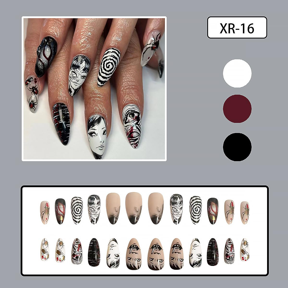 24Pcs Medium Press on Almond Fake Nails – Punk Cartoon Anime Design, Black White