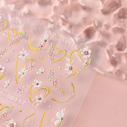 Floral Nail Stickers Gold Heart Nail Decals Spring Nail Art Flower & Heart