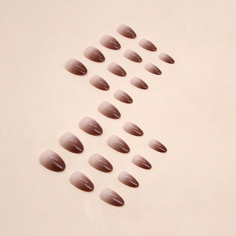 24Pcs Brown Press on Nails Short Almond Fake 1 Fl Oz (Pack of 1), 1