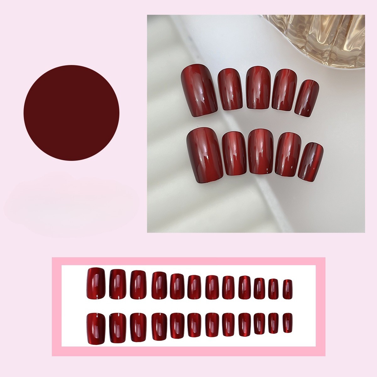 48pcs Press on Nails Glossy Burgundy Short Square Fake Nails Elegant Daily Wear