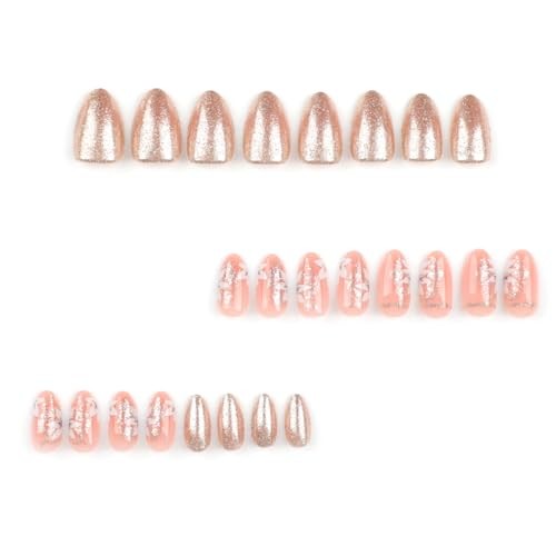 24Pcs Press on Nails Short Almond Shape Fake Nails with Flower Designs Glitter