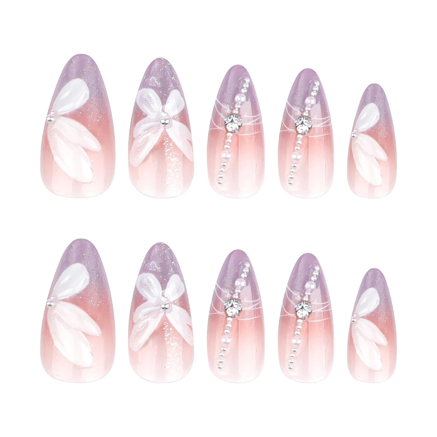 Almond Press on Nails Medium – Ombre Purple Fake Nails with Flower Butterfly Des