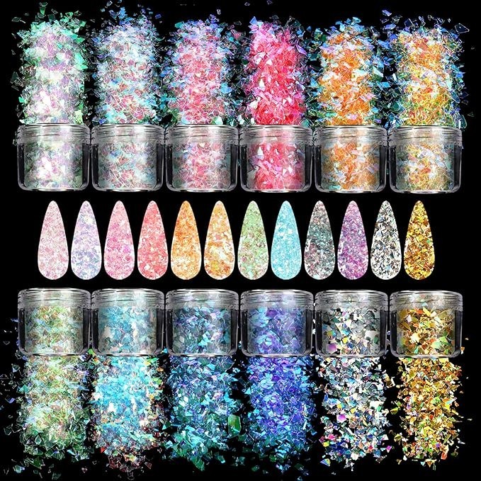 12 Color Mermaid Nail Chunky Glitter Ultra Thin Fluorescent Glass Paper Flakes