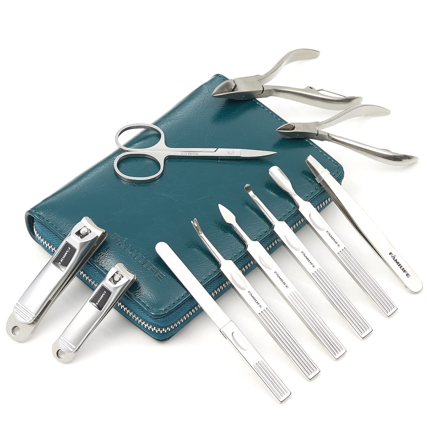 Stylish Blue Leather Manicure Kit – 11 Stainless Steel Tools for All Nail Types