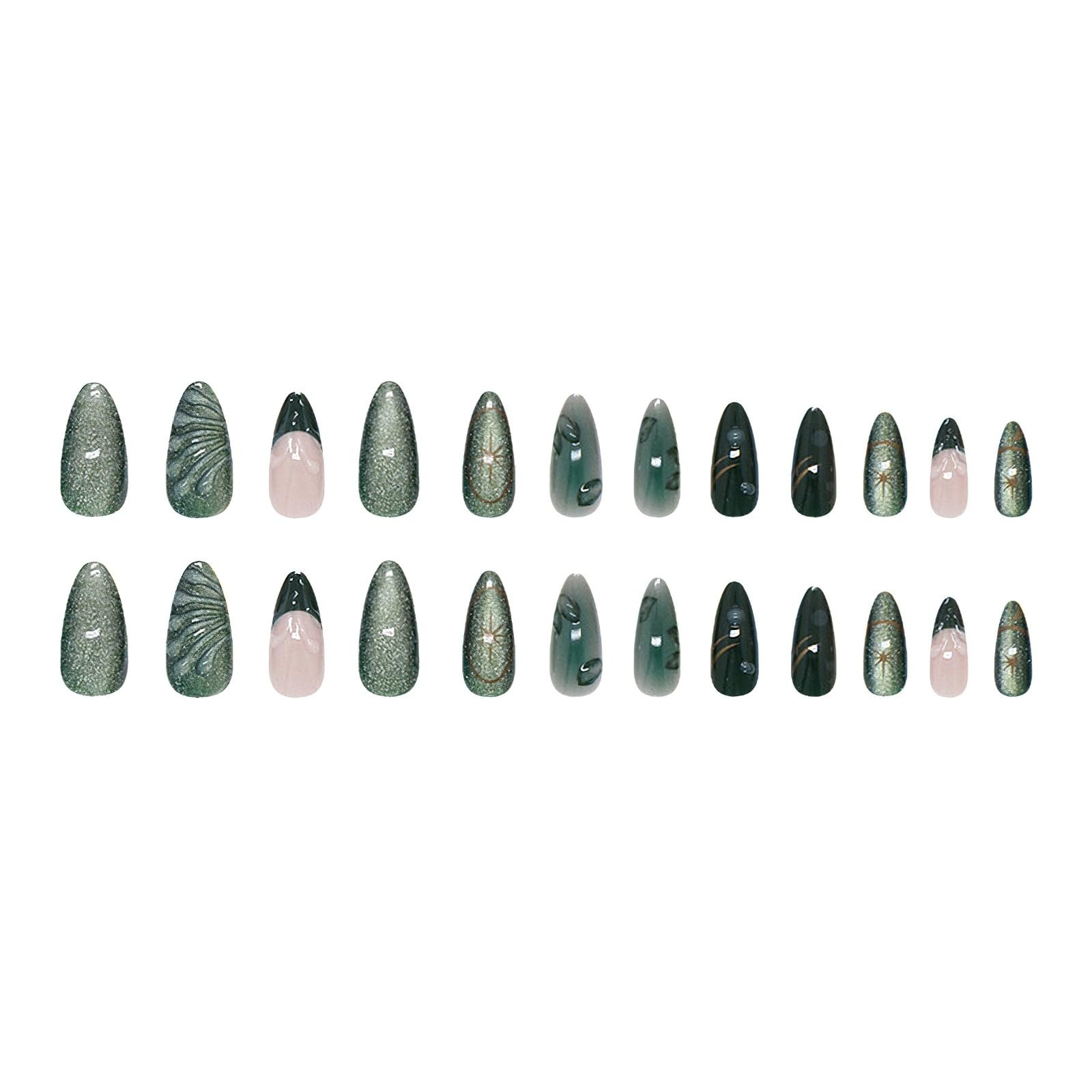 Jremg Green Press on Nails Medium Almond Fake Almond, Multicolor
