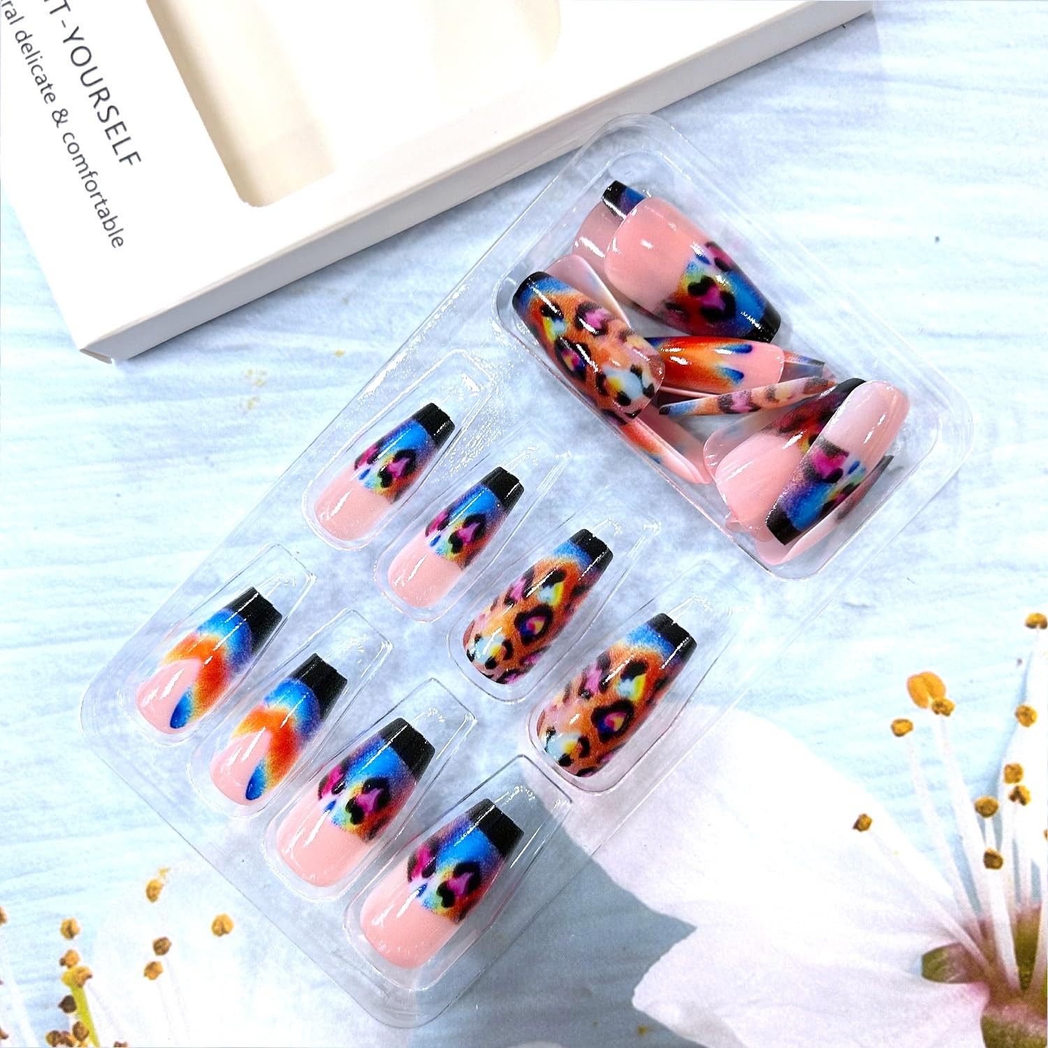 Leopard Press on Nails Long Leng Ballet Shaped Black French Tip Acrylic Fake …
