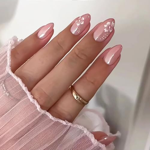 Flower MIXFOSAHN Press on Nails Short Almond Fake Nails Pink Flower Style7