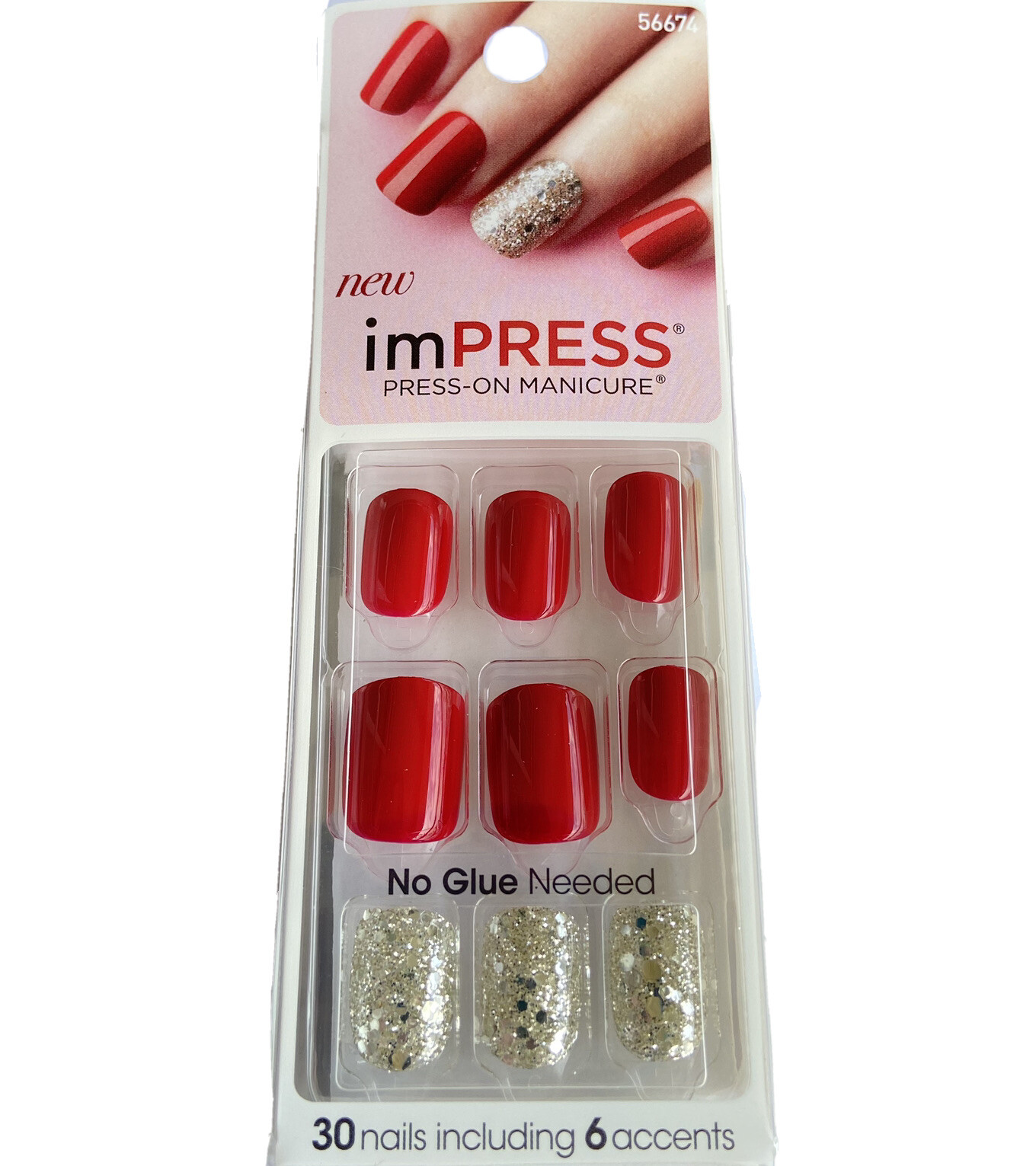NEW Kiss Nails Impress Press On Manicure Short Gel Red Silver Sparkle Christmas