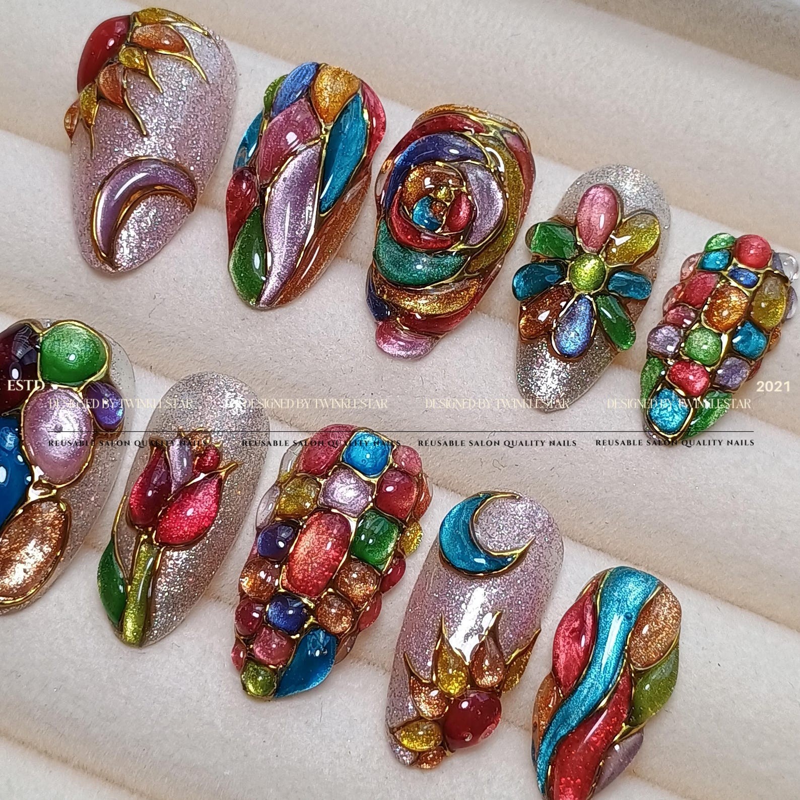 Handmade Stained Glass Colorful Gem Tulip Moon Gold Wire Almond Press on Nails