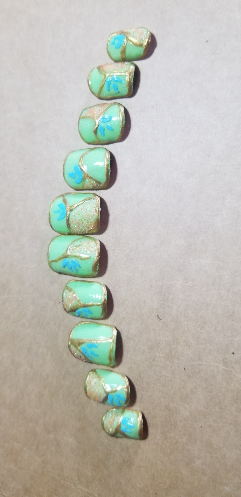 Kawaii Press On Nails|Neon Green Gold Orange Glitter | Short Square Gel 10PC
