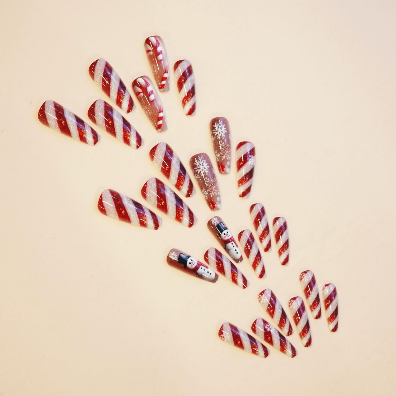Christmas Press on Nails Glitter Red White Stripe Winter Fake 1, Style 16