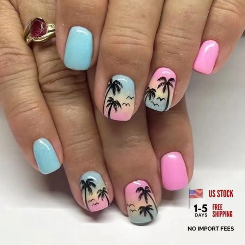 24Pcs Summer Press on Nails – Short Palm Tree Fake Nails – Square Blue Pink