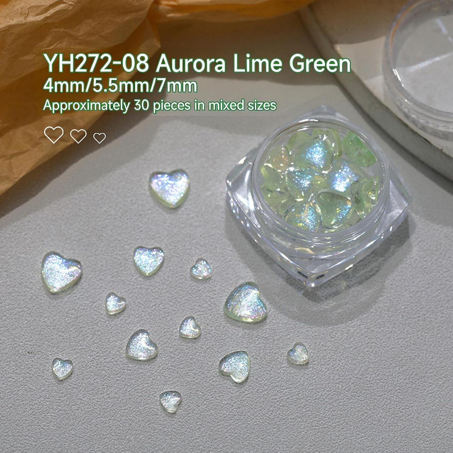6 Jars Heart Nail Art Charms, 180Pcs Aurora Resin Rhinestones 3D