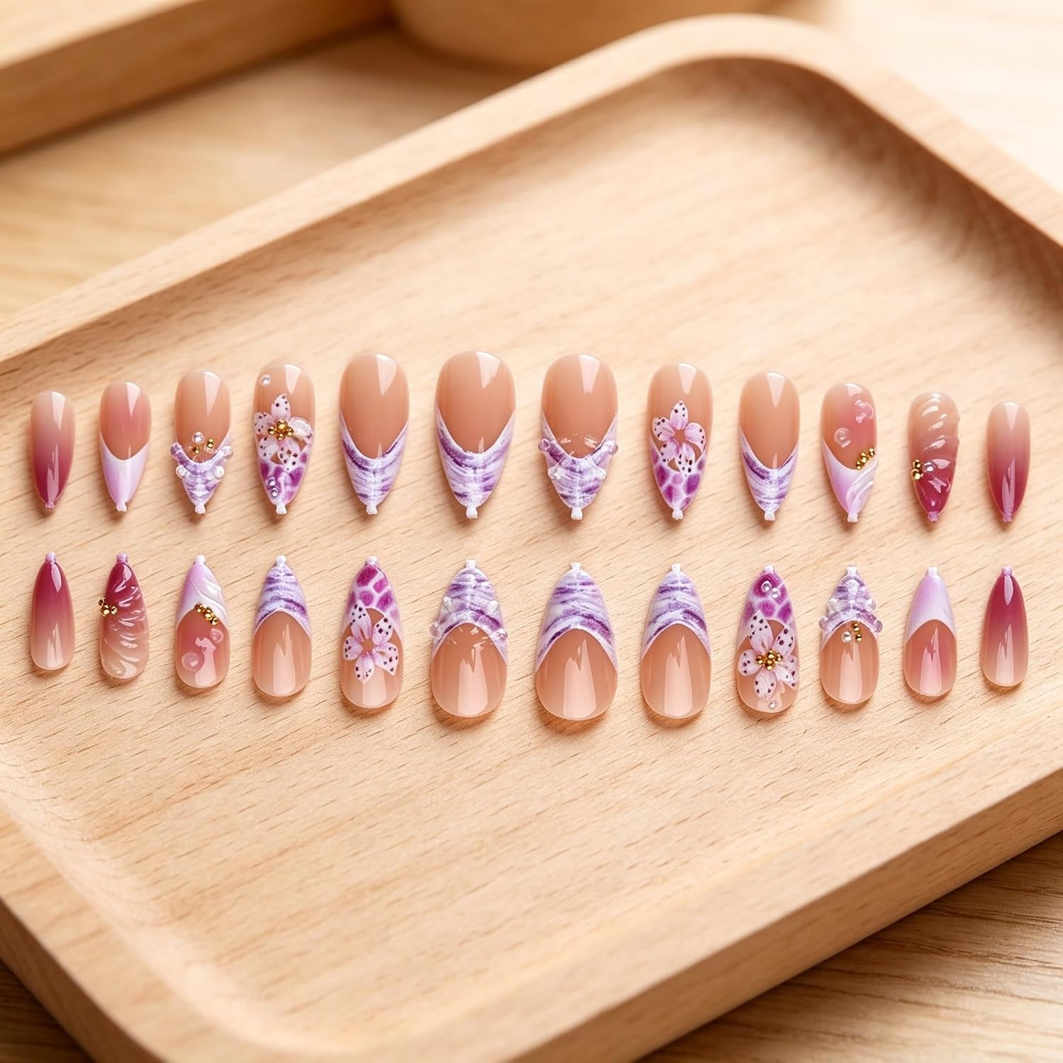 24Pcs Purple Pink Press on Nails Almond Medium 3D Embossed Lavender Fake Nail Sp