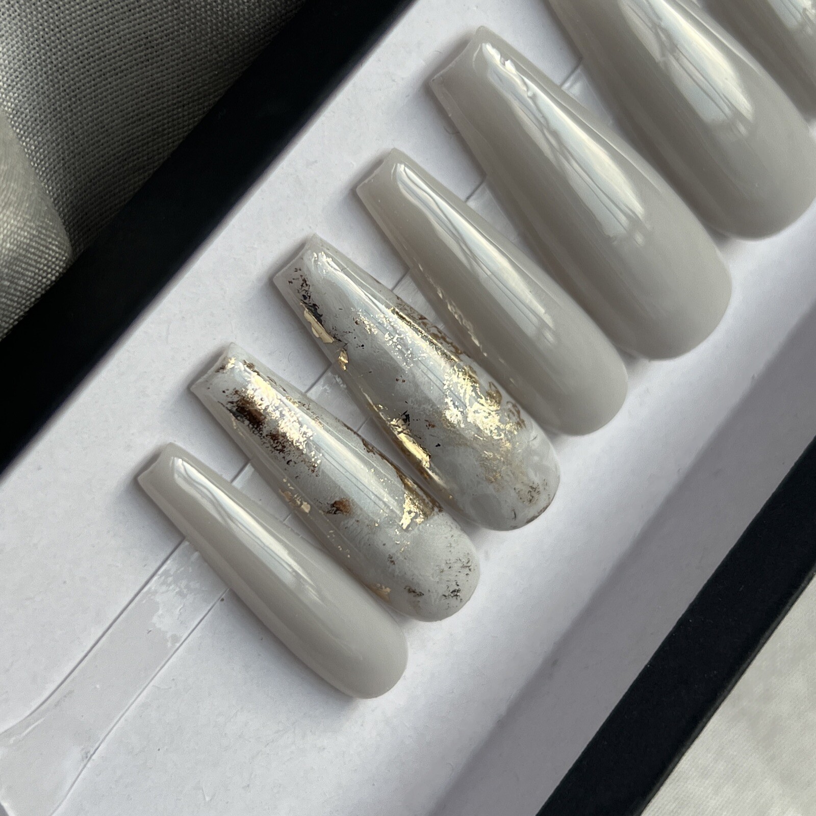 🔥CUSTOM Gel Press On False Nails, Sheer Light Grey GOLD flakes, 10p W FULL KIT