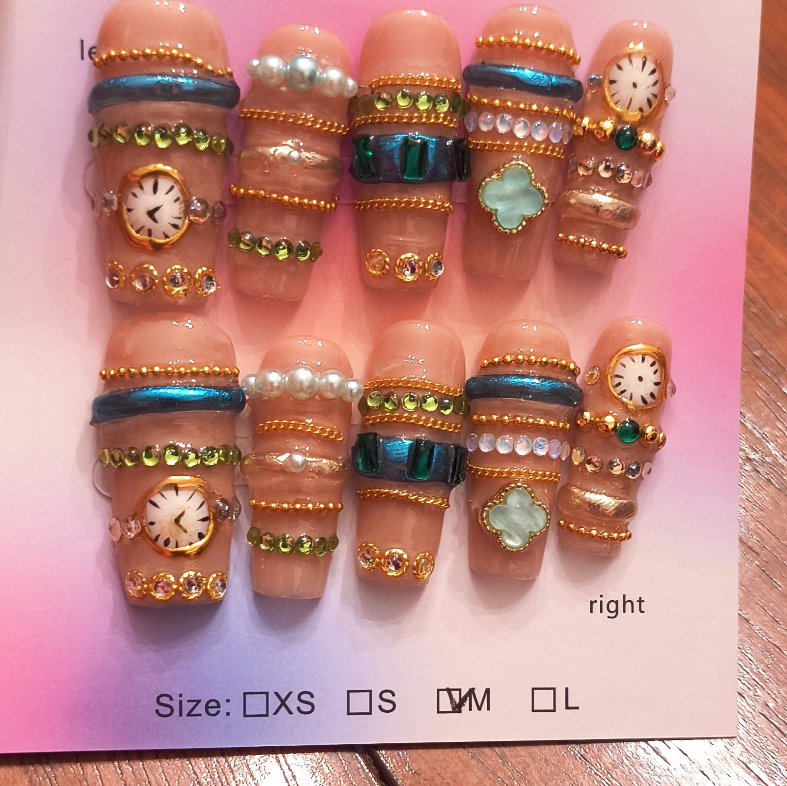 Press-On Nails Medium Coffin Nude Gold Blue Green White 3D Full Cover Clock