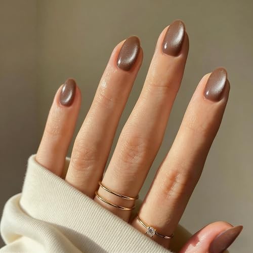 Cat Eye Light Brown Press on Nails Short Oval, Fake Nails with a Chrome brown