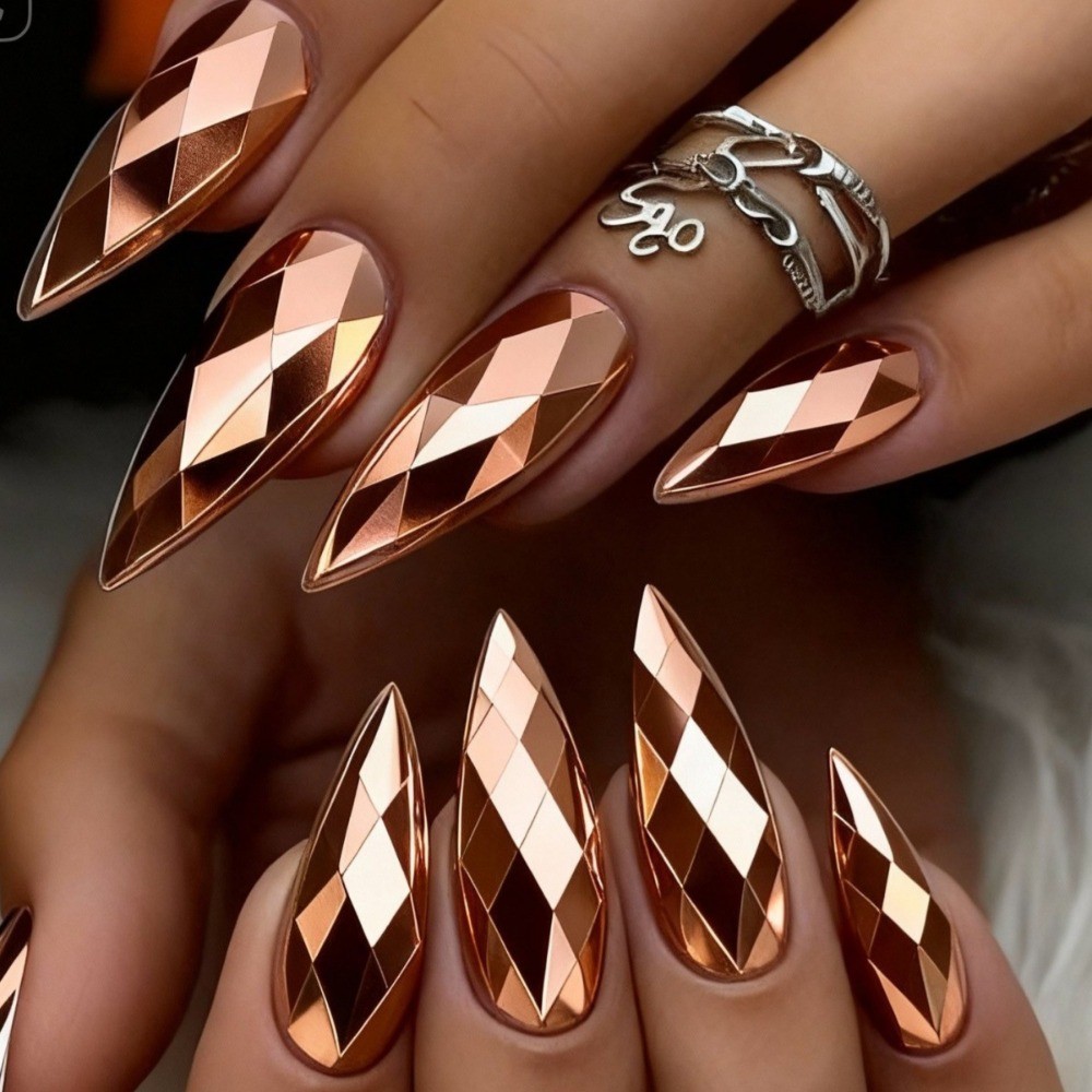 24pcs Gold Diamond-Cut Stiletto Press-On Nails, Luxe for Weddings & Parties