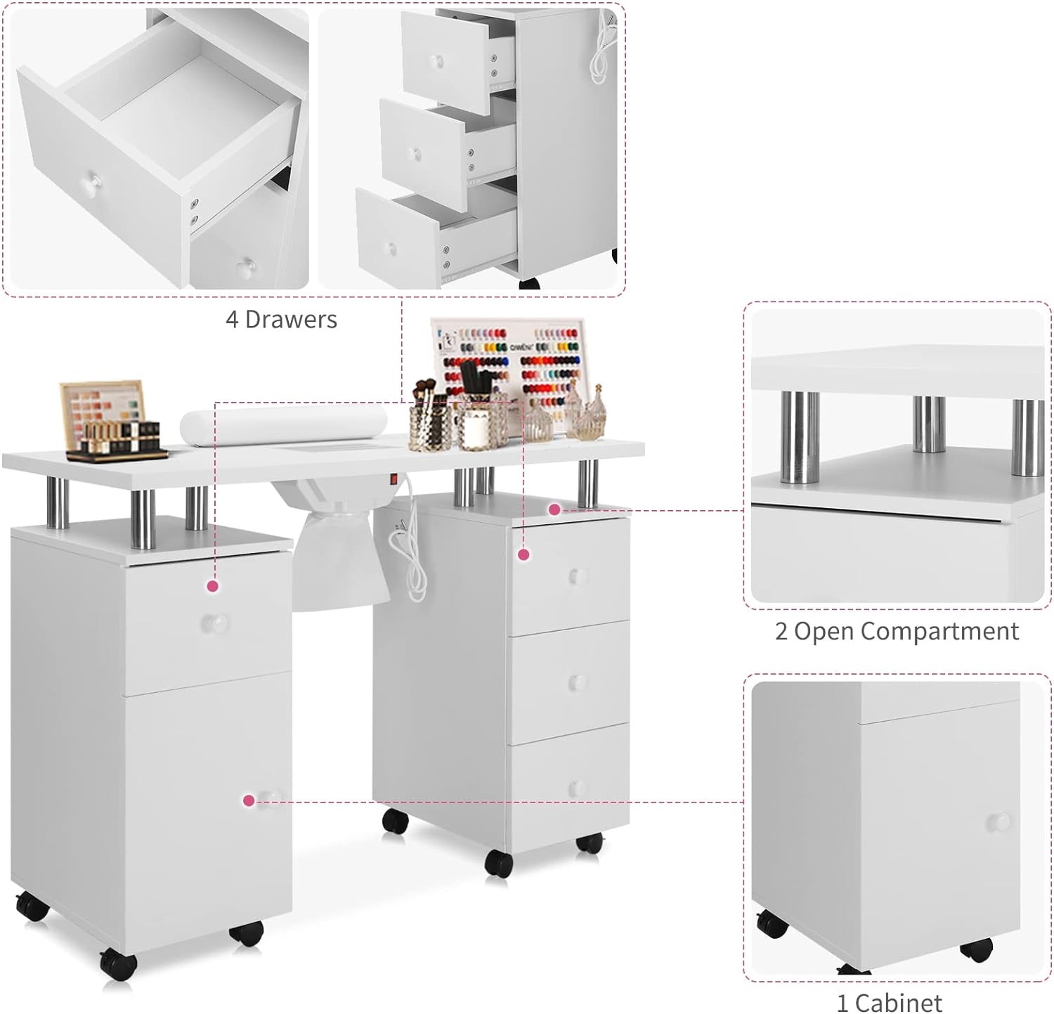 Manicure Nail Table w/ Dust Collector, Wrist Cushion, Wheels, Drawers for Beauty