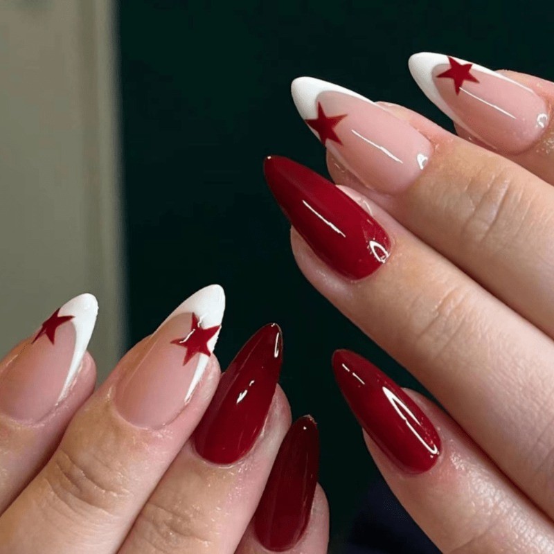 48 vibrant red and nude star shaped press in nails – medium almond length nail