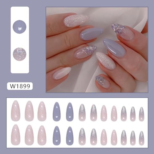 Light Blue Press on Nails Short with Glitters Design Almond Glitter Blue Nails5