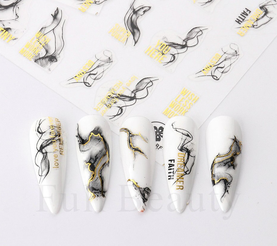 3D Black Gold Bronzing Marble Nail Art Stickers Decals French Line Ink DIY NS43