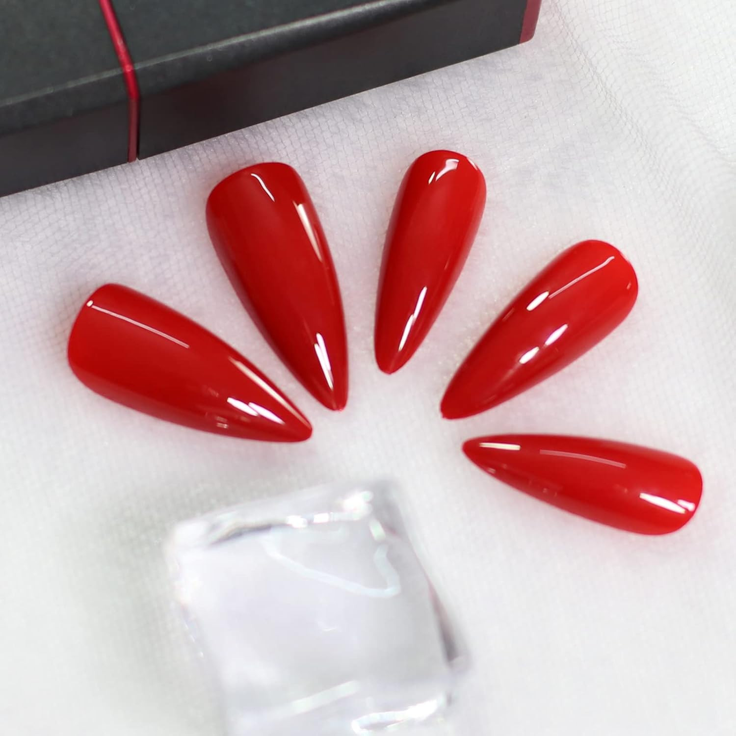 Glossy Red Press on False Nails Medium Long Stiletto Fake Nails Salon Nail Art T
