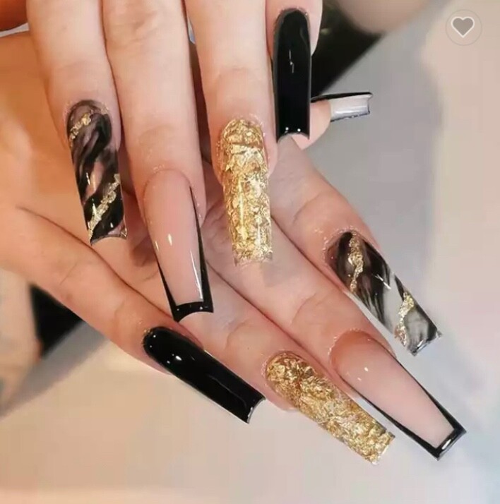 Coffin Press On Nails Long Length Full Cover Designer Nails Black Gold Nude