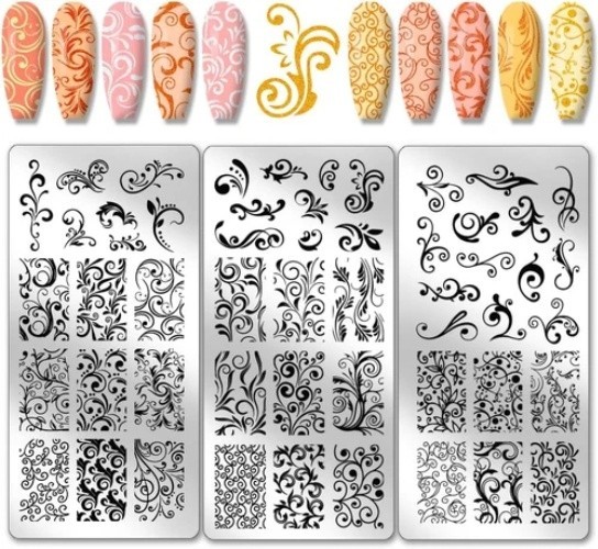 3 Pack French Nail Stamping Plates Swirl Flower Pattern Stainless Steel Template
