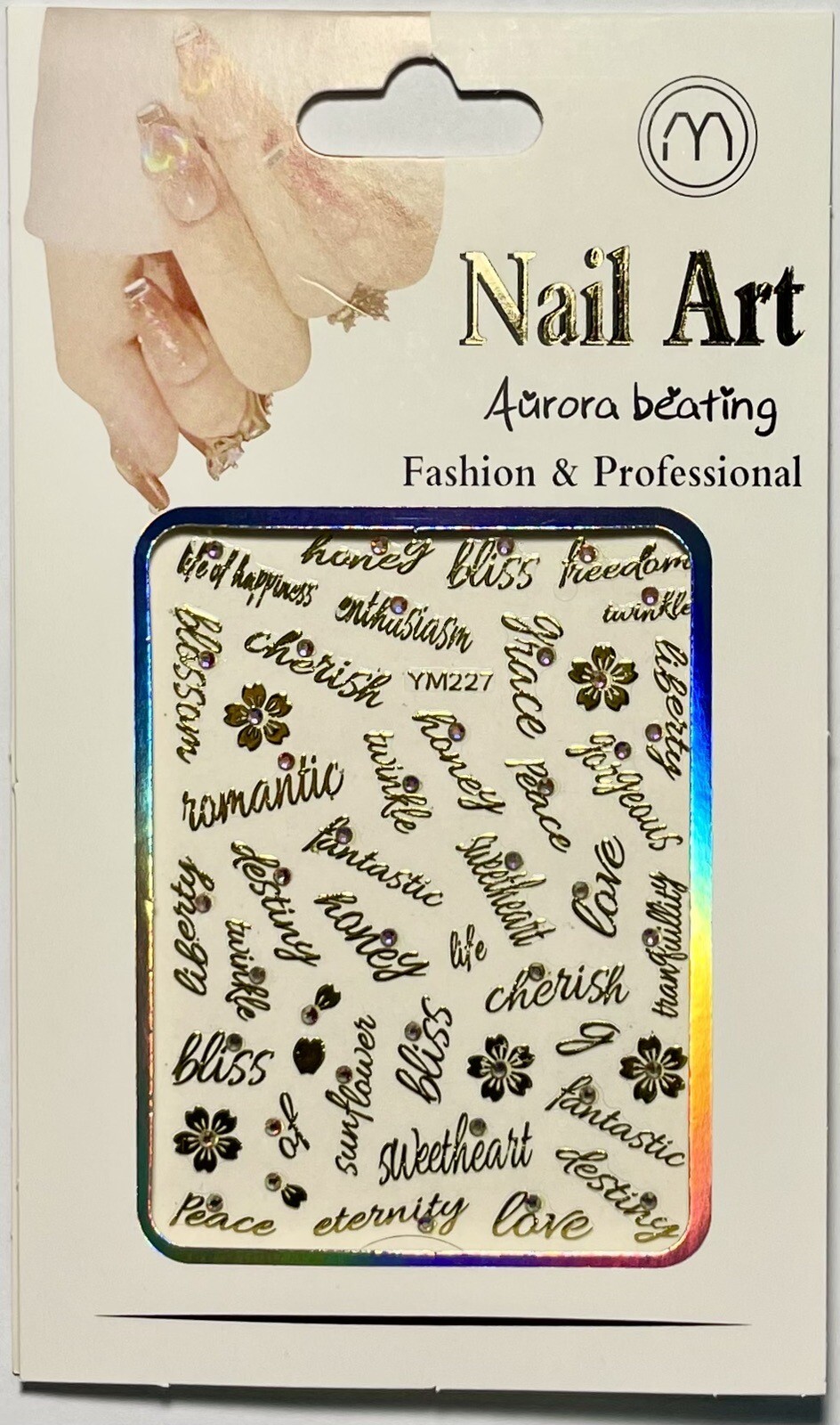 Nail Stickers Art Decal DIY Design 3D Waterproof Gold Words Flower Gem YM227
