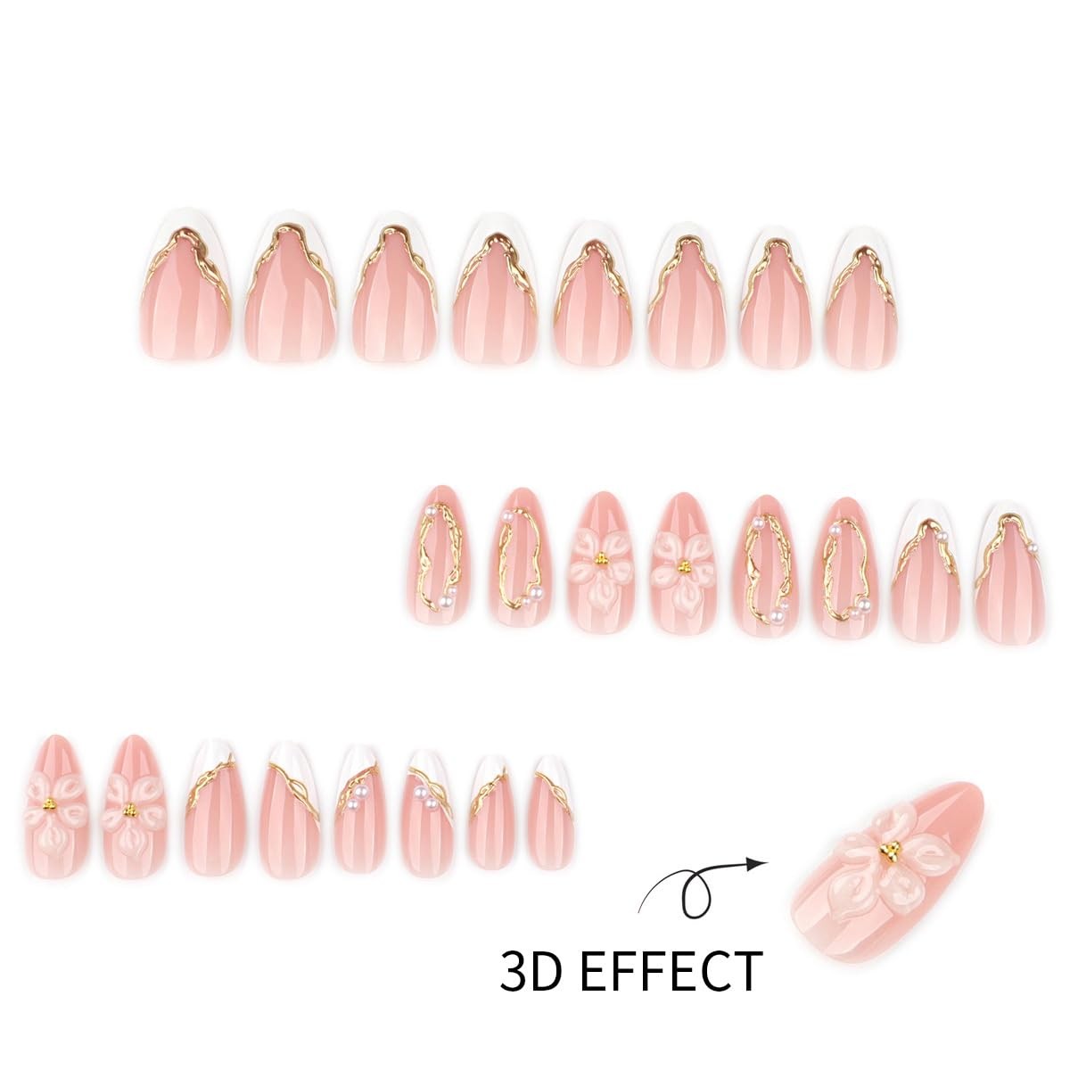 White and Gold Press On Nails – 3D Flower & Gold Lines & Pearls Design