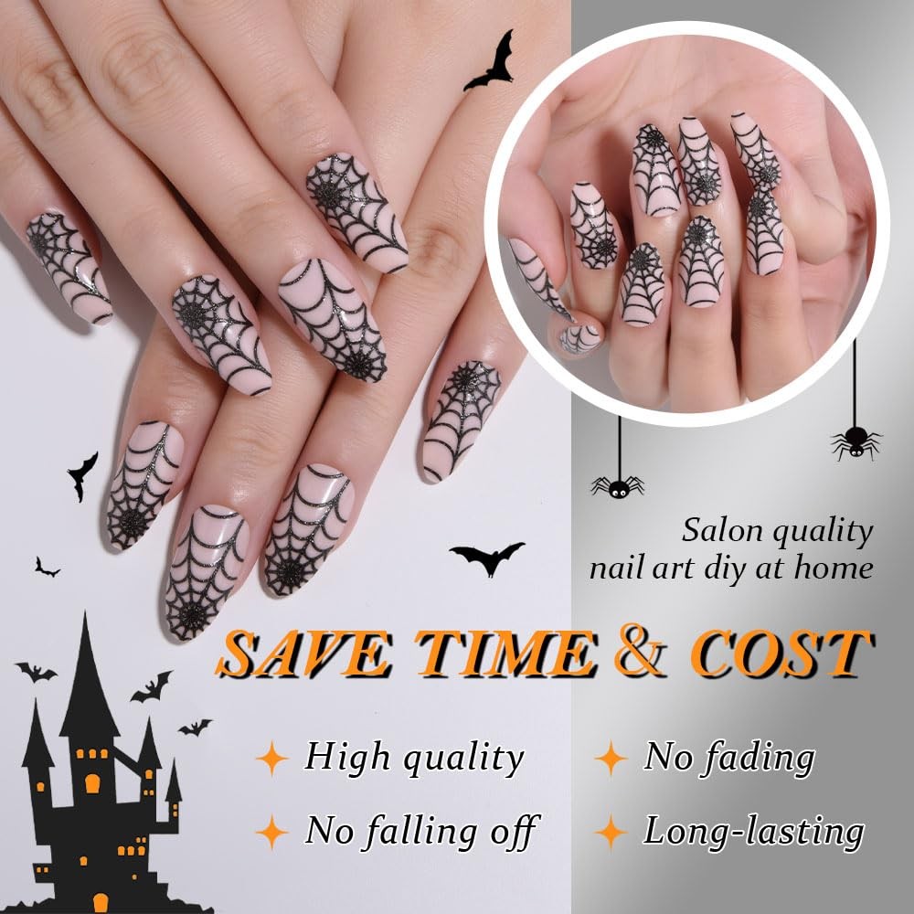 evpct Short Almond Pink Black Cobweb Nail Tips 24Pcs