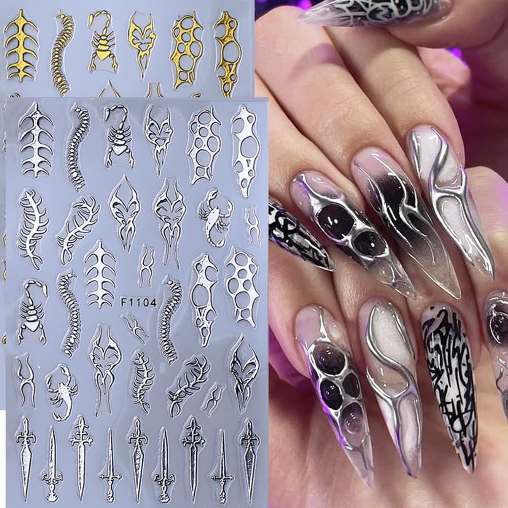 4 Sheets Goth Nail Stickers for Nail Art 3D Punk Style Black Belt Nail Art Stick