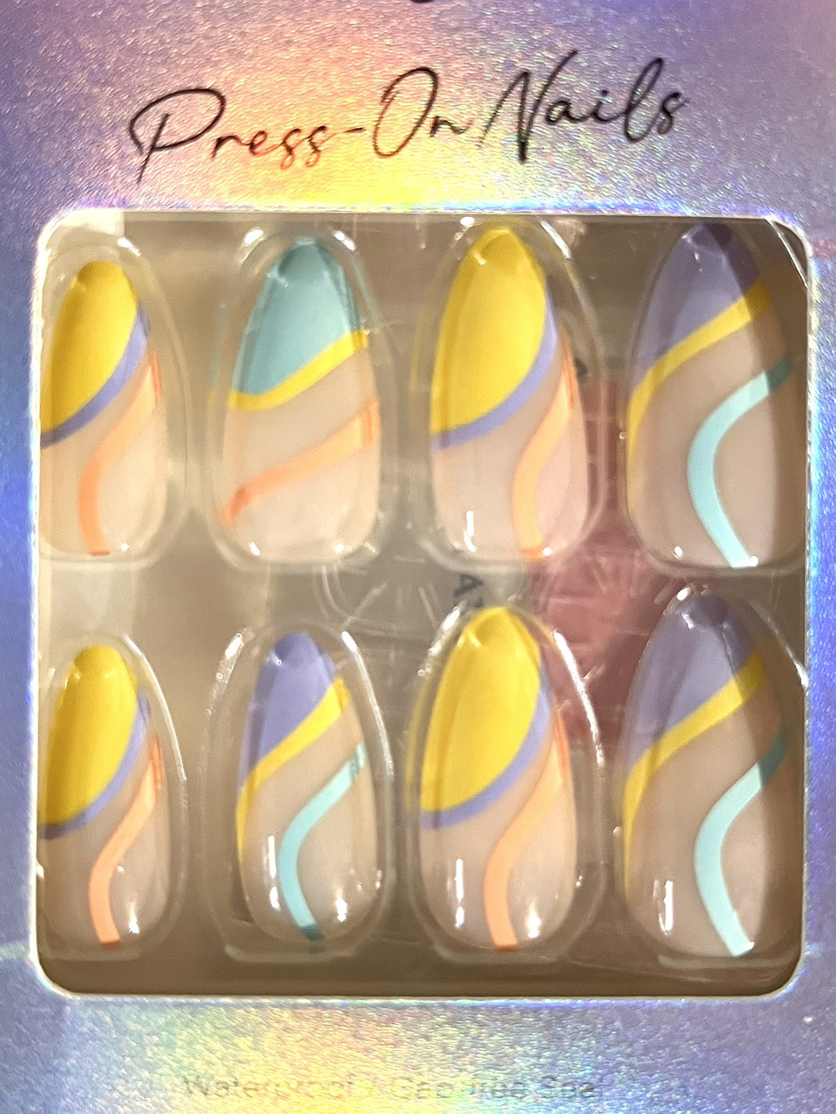 Press On Nails Medium Almond Shape Designer Nails Blue/Yellow/Purple Retro Swirl