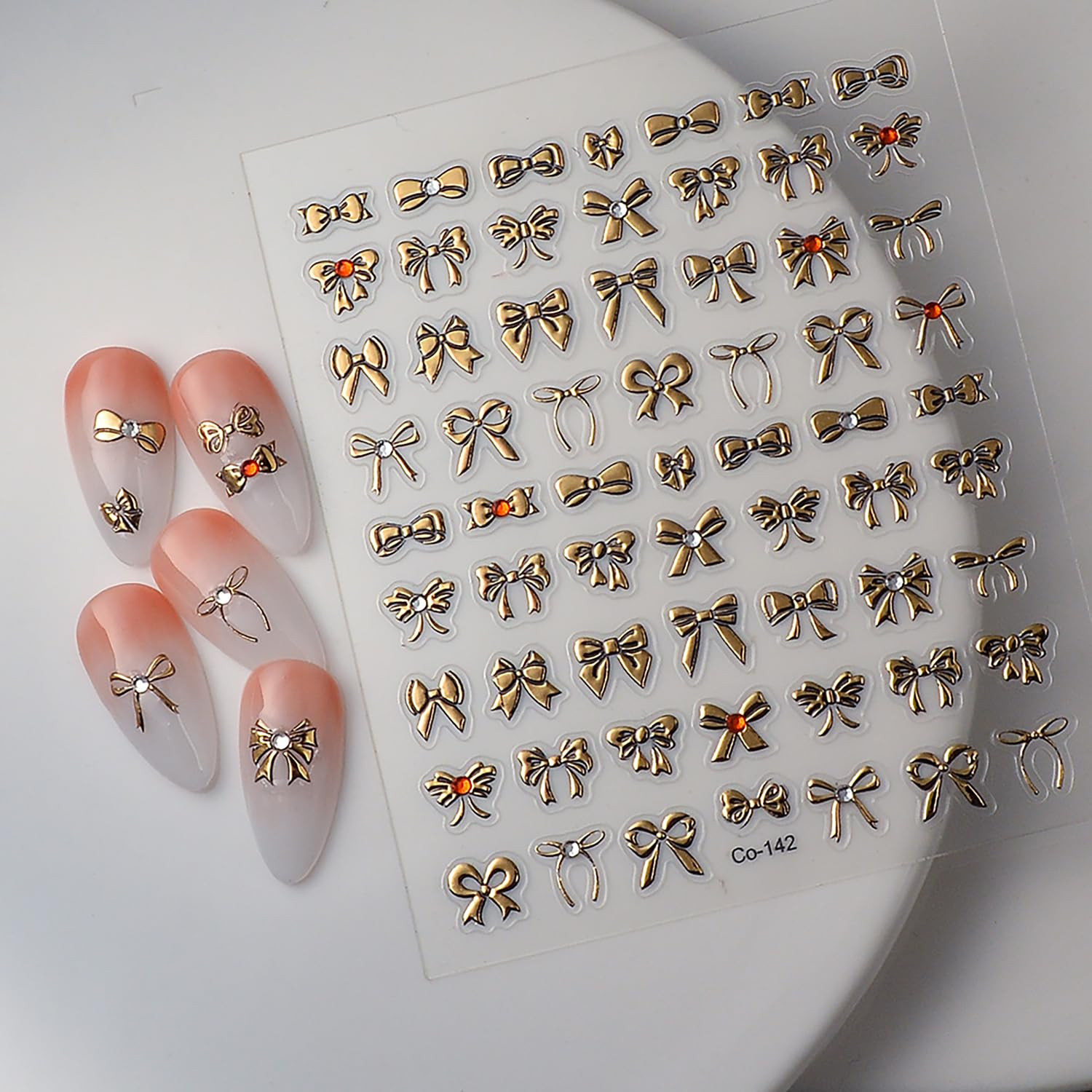 5D Embossed Gold Nail Stickers Star Nail Stickers for Nail Art with Pink Gemston