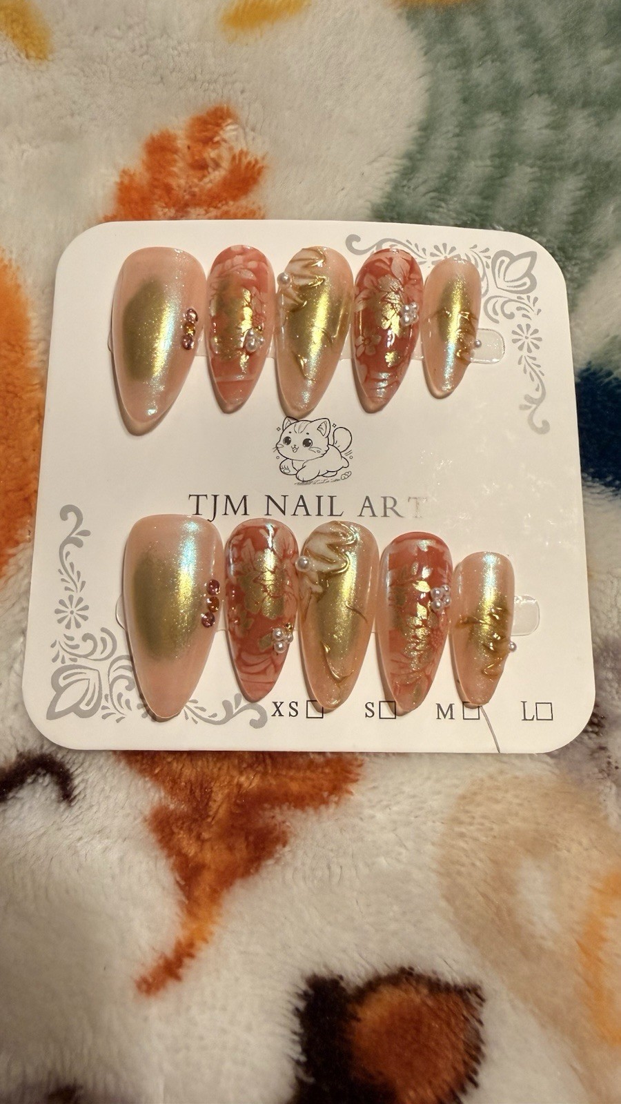 TJM Nail Art Metallic Pink/Gold Floral Almond Long Full Cover Press-On Nails